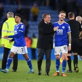 Leicester City boss Brendan Rodgers and midfielder James Maddison.  (Photo by Michael Regan/Getty Images)
