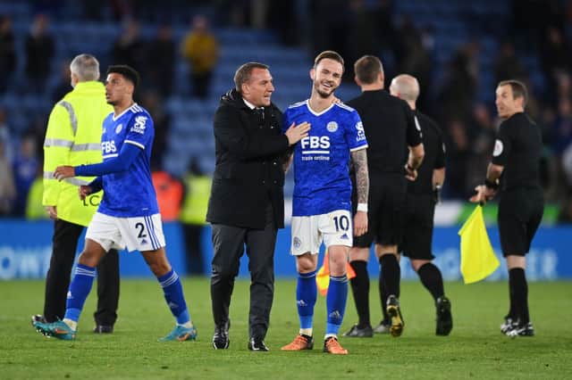 Leicester City boss Brendan Rodgers and midfielder James Maddison.  (Photo by Michael Regan/Getty Images)