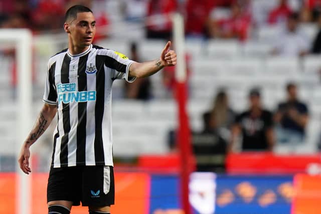 Miguel Almiron of Newcastle United FC celebrates after scoring a goal during the Eusebio Cup match between SL Benfica and Newcastle United at Estadio da Luz on July 26, 2022 in Lisbon, Portugal. (Photo by Gualter Fatia/Getty Images)