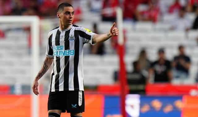 Miguel Almiron of Newcastle United FC celebrates after scoring a goal during the Eusebio Cup match between SL Benfica and Newcastle United at Estadio da Luz on July 26, 2022 in Lisbon, Portugal. (Photo by Gualter Fatia/Getty Images)