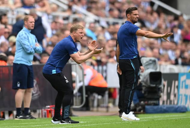 Newcastle United head coach Eddie Howe reacts on the sidelines during the Premier League match between Newcastle United and Nottingham Forest at St. James Park on August 06, 2022 in Newcastle upon Tyne, England.