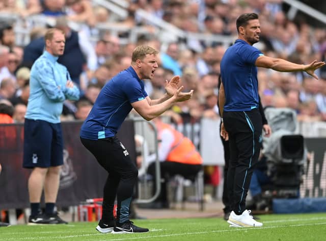 Newcastle United head coach Eddie Howe reacts on the sidelines during the Premier League match between Newcastle United and Nottingham Forest at St. James Park on August 06, 2022 in Newcastle upon Tyne, England.