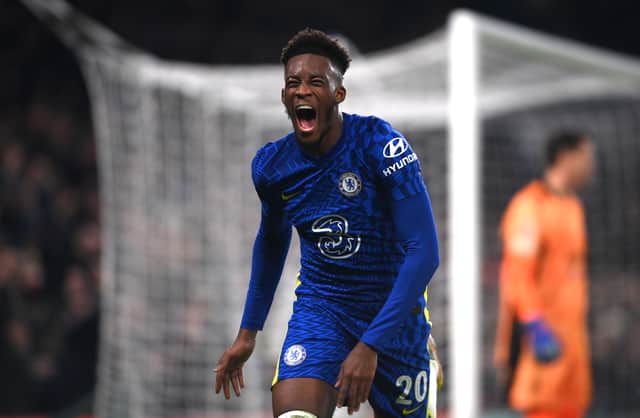 Callum Hudson-Odoi of Chelsea celebrates after scoring their side’s third (Photo by Mike Hewitt/Getty Images)