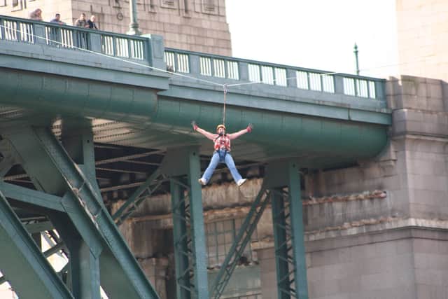 Jelly Legs zip line starting at the Tyne Bridge