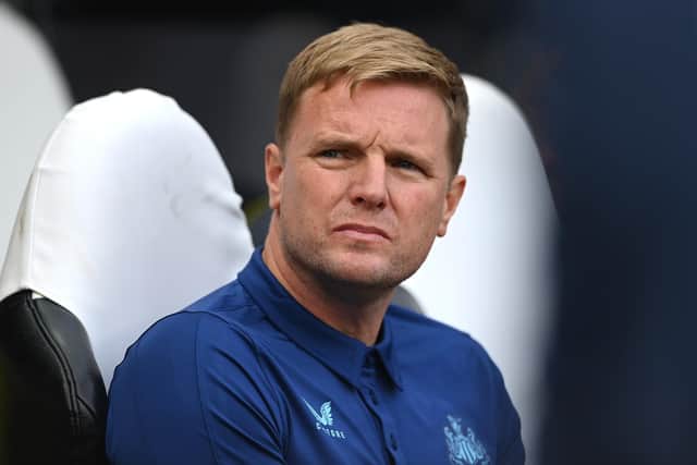 NEWCASTLE UPON TYNE, ENGLAND - AUGUST 06: Newcastle United head coach Eddie Howe looks on during the Premier League match between Newcastle United and Nottingham Forest at St. James Park on August 06, 2022 in Newcastle upon Tyne, England. (Photo by Stu Forster/Getty Images)