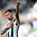 Newcastle United player Bruno Guimaraes waves to the fans after the Premier League match between Newcastle United and Nottingham Forest at St. James Park on August 06, 2022 in Newcastle upon Tyne, England.