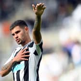 Newcastle United player Bruno Guimaraes waves to the fans after the Premier League match between Newcastle United and Nottingham Forest at St. James Park on August 06, 2022 in Newcastle upon Tyne, England.
