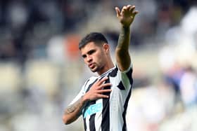 Newcastle United player Bruno Guimaraes waves to the fans after the Premier League match between Newcastle United and Nottingham Forest at St. James Park on August 06, 2022 in Newcastle upon Tyne, England.
