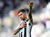 Newcastle United player Bruno Guimaraes waves to the fans after the Premier League match between Newcastle United and Nottingham Forest at St. James Park on August 06, 2022 in Newcastle upon Tyne, England.