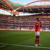 Goncalo Ramos celebrates after scoring for Benfica during the UEFA Champions League third qualifying round  first leg game against FC Midtjylland (Photo by PATRICIA DE MELO MOREIRA / AFP) (Photo by PATRICIA DE MELO MOREIRA/AFP via Getty Images)