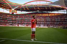 Goncalo Ramos celebrates after scoring for Benfica during the UEFA Champions League third qualifying round  first leg game against FC Midtjylland (Photo by PATRICIA DE MELO MOREIRA / AFP) (Photo by PATRICIA DE MELO MOREIRA/AFP via Getty Images)