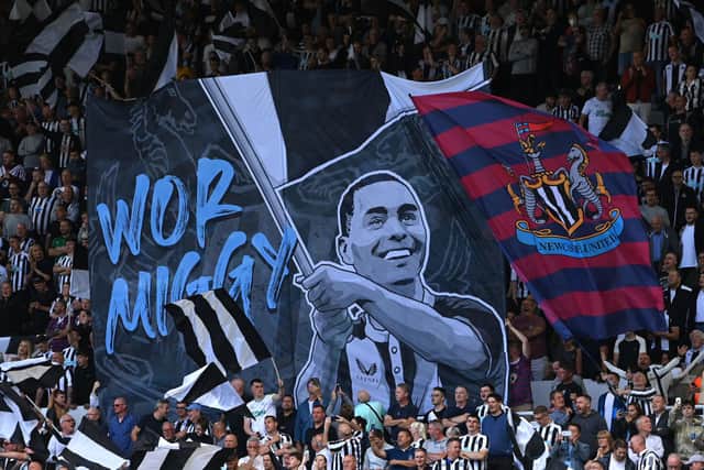 Newcastle United showed their support for Miguel Almiron ahead of kick-off against Manchester City. (Photo by Stu Forster/Getty Images)