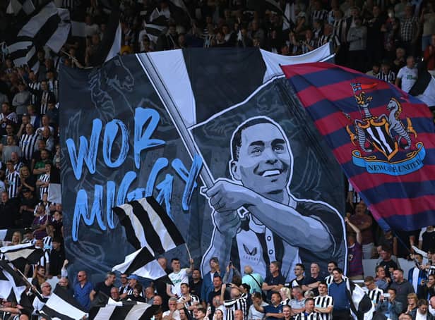<p>Newcastle United showed their support for Miguel Almiron ahead of kick-off against Manchester City. (Photo by Stu Forster/Getty Images)</p>