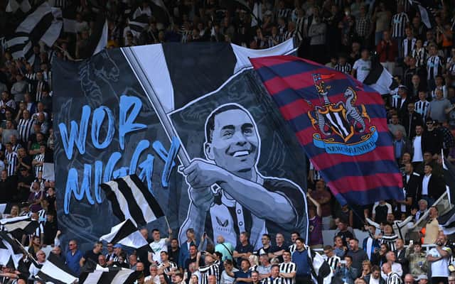 Newcastle United showed their support for Miguel Almiron ahead of kick-off against Manchester City. (Photo by Stu Forster/Getty Images)