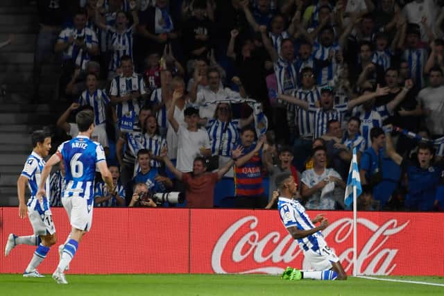 Real Sociedad’s forward Alexander Isak celebrates scoring his team’s first goal against Barcelona  (Photo by ANDER GILLENEA/AFP via Getty Images)