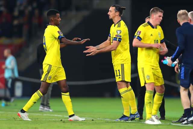 Zlatan Ibrahimovic replaces Alexander Isak during the 2022 FIFA World Cup Qualifier match between Spain and Sweden  (Photo by Fran Santiago/Getty Images)
