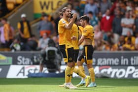 Ruben Neves of Wolverhampton Wanderers celebrates after scoring their team’s first goal  against Newcastle United  (Photo by Eddie Keogh/Getty Images)
