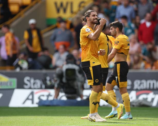 Ruben Neves of Wolverhampton Wanderers celebrates after scoring their team’s first goal  against Newcastle United  (Photo by Eddie Keogh/Getty Images)
