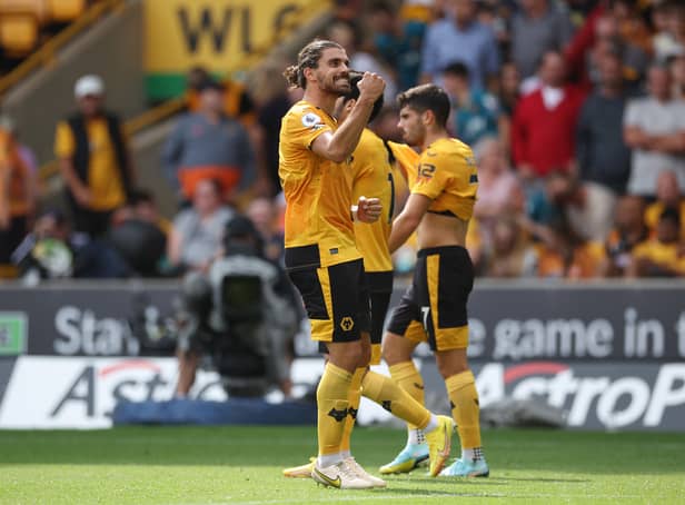 Ruben Neves of Wolverhampton Wanderers celebrates after scoring their team’s first goal  against Newcastle United  (Photo by Eddie Keogh/Getty Images)