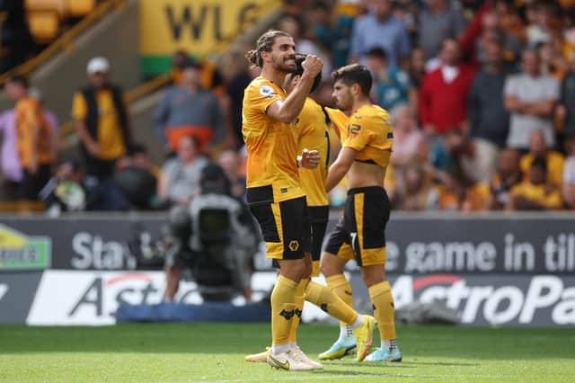 Ruben Neves of Wolverhampton Wanderers celebrates after scoring their team’s first goal against Newcastle United (Photo by Eddie Keogh/Getty Images)