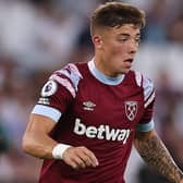 Harrison Ashby of West Ham United controls the ball during the UEFA Europa Conference League 2022/23 Play-Off First Leg match against Viborg (Photo by Ryan Pierse/Getty Images)
