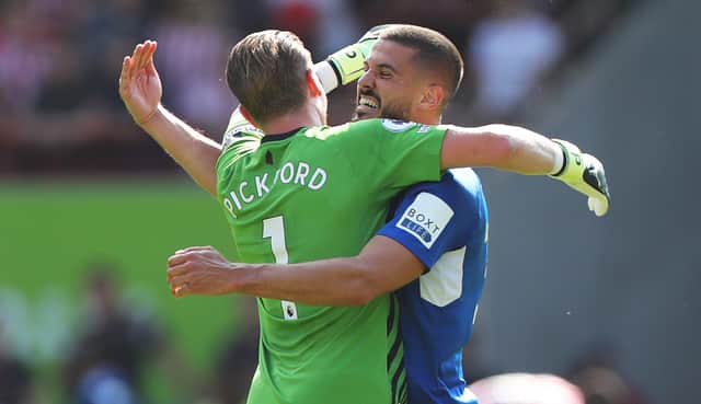 Everton duo Jordan Pickford and Conor Coady celebrate. Picture: Chloe Knott/Getty Images