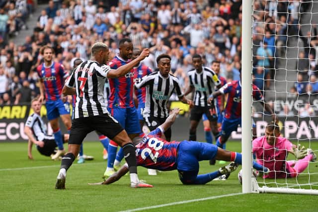 Joelinton of Newcastle United has a chance cleared off the line by Cheick Doucoure of Crystal Palace during the Premier League match between Newcastle United and Crystal Palace at St. James Park on September 03, 2022 in Newcastle upon Tyne, England.