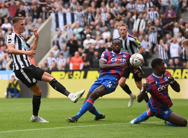 A shot from Sven Botman is blocked en route to goal during the Premier League home game against Crystal Palace (Photo by Stu Forster/Getty Images)