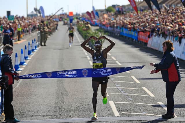 Mo Farah crossing the finish line in South Shields (Image: Getty Images)