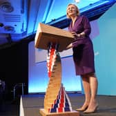Foreign Secretary Liz Truss delivers an acceptance speech at the Queen Elizabeth II Conference Centre in Westminster after being announced the winner of the Conservative Party leadership contest in London