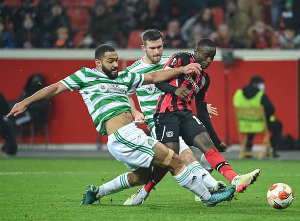 <p>Celtic's US defender Cameron Carter-Vickers (L) and Leverkusen's French forward Moussa Diaby (R) vie for the ball during the UEFA Europa League Group G football match Bayer 04 Leverkusen v Celtic </p>