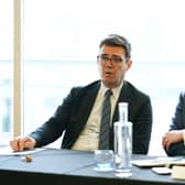 Andy Burnham, Mayor of Greater Manchester and Jamie Driscoll, Mayor of the North of Tyne Combines Authority look on during a meeting with Labour Party leader, Keir Starmer and Labour’s six northern metro Mayors, on May 19, 2022 in Leeds , England.