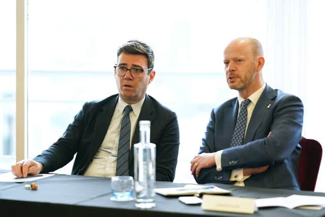 Andy Burnham, Mayor of Greater Manchester and Jamie Driscoll, Mayor of the North of Tyne Combines Authority look on during a meeting with Labour Party leader, Keir Starmer and Labour’s six northern metro Mayors, on May 19, 2022 in Leeds , England.