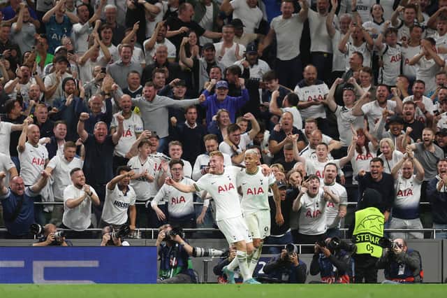 Richarlison of Tottenham Hotspur celebrates with teammate Dejan Kulusevski  (Photo by Richard Heathcote/Getty Images)