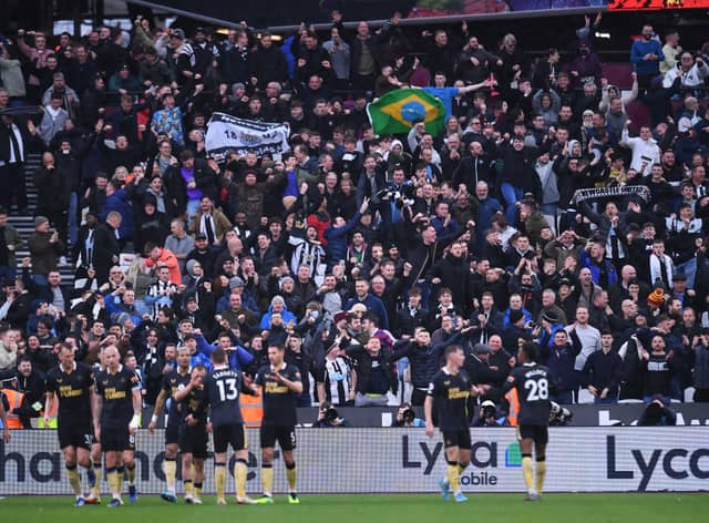 Newcastle United fans at West Ham United’s London Stadium in February 2022. (Photo by Alex Burstow/Getty Images)