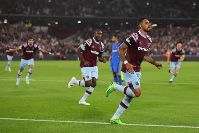 Emerson Palmieri of West Ham celebrates scoring his goal during the UEFA Europa Conference League group B match between West Ham United and FCSB