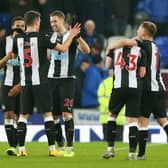 Florian Lejeune of Newcastle United celebrates with Fabian Schar after scoring a dramatic late equaliser in a 2-2 draw at Everton (Photo by Alex Livesey/Getty Images)