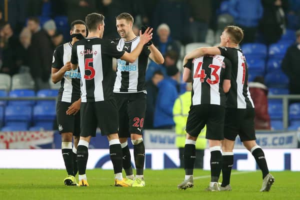 Florian Lejeune of Newcastle United celebrates with Fabian Schar after scoring a dramatic late equaliser in a 2-2 draw at Everton (Photo by Alex Livesey/Getty Images)
