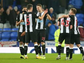 Florian Lejeune of Newcastle United celebrates with Fabian Schar after scoring a dramatic late equaliser in a 2-2 draw at Everton (Photo by Alex Livesey/Getty Images)
