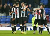 Florian Lejeune of Newcastle United celebrates with Fabian Schar after scoring a dramatic late equaliser in a 2-2 draw at Everton (Photo by Alex Livesey/Getty Images)