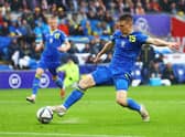 Viktor Tsygankov controls the ball during the FIFA World Cup Qualifier between Wales and Ukraine (Photo by Michael Steele/Getty Images)