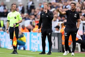 Eddie Howe, Manager of Newcastle United and Jason Tindall, Assistant Manager of Newcastle United react during the Premier League match between Newcastle United and AFC Bournemouth at St. James Park on September 17, 2022 in Newcastle upon Tyne, England. 