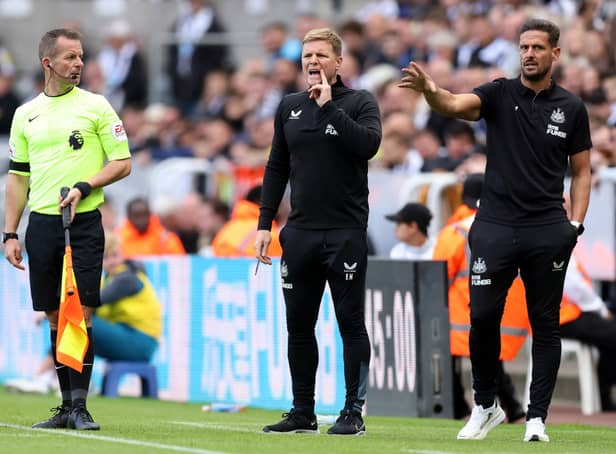 <p>Eddie Howe, Manager of Newcastle United and Jason Tindall, Assistant Manager of Newcastle United react during the Premier League match between Newcastle United and AFC Bournemouth at St. James Park on September 17, 2022 in Newcastle upon Tyne, England. </p>