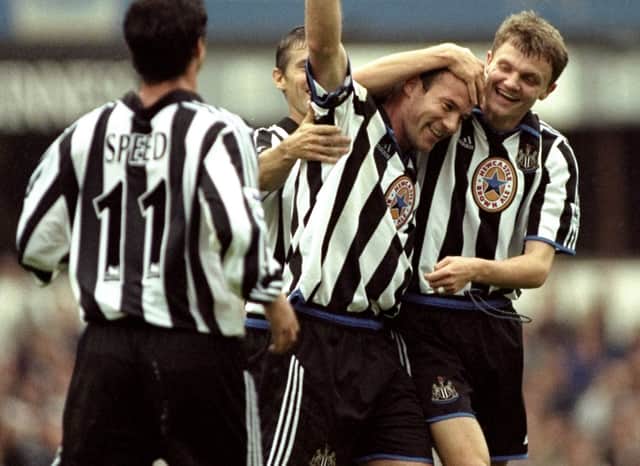 Alan Shearer is congratulated by Paul Robinson during the 8-0 win against Sheffield Wednesday (Photo: Clive Mason /Allsport)