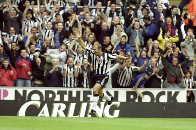 Alan Shearer of Newcastle salutes a goal during the Newcastle United v Sheffield Wednesday (Photo: Clive Mason /Allsport)