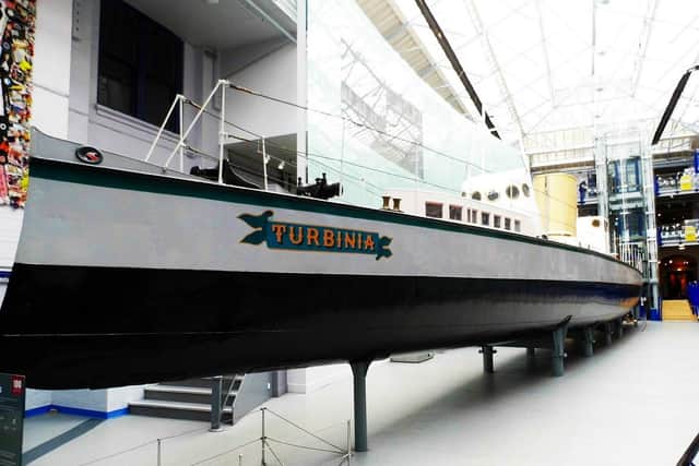 The Turbinia was the first steam turbine-powered steamship - and is the first sight upon visiting the Discovery Museum