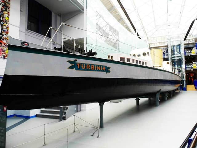 The Turbinia was the first steam turbine-powered steamship - and is the first sight upon visiting the Discovery Museum
