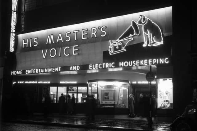 The flagship hmv store on Oxford Street in London; it was opened by The Gramophone Company to sell works by their signed musicians.