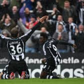 Mark Viduka of Newcastle celebrates scoring the opening goal with Obefemi Martins  during the Barclays Premier League game against Fulham  (Photo by Tom Shaw/Getty Images)