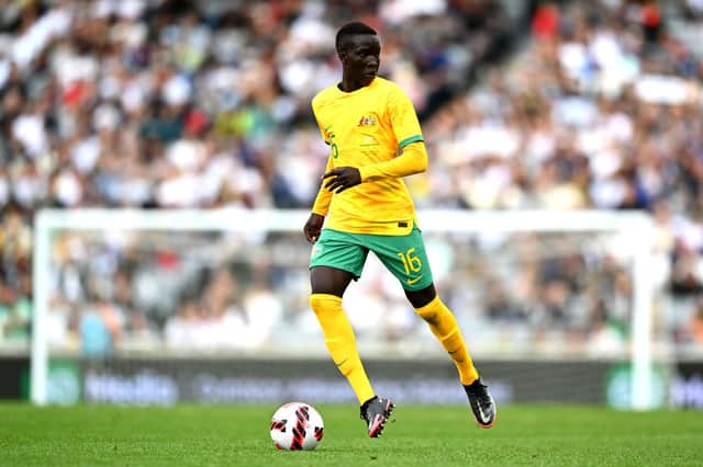 Newcastle United-linked attacker Garang Kuol in action for Australia. (Photo by Hannah Peters/Getty Images)